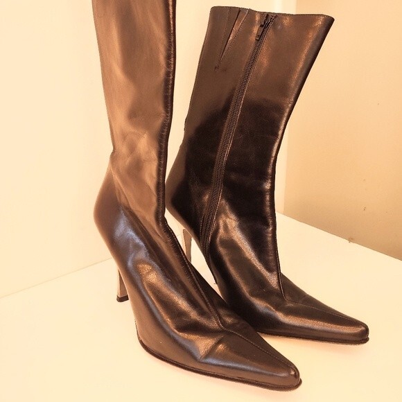 Charles David Stiletto Heel Mid Calf Leather Boots Black Sz 8 - Picture 4 of 9